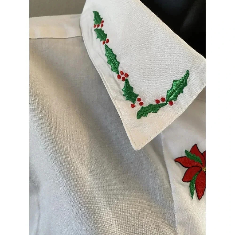 Orvis Vintage Womens Size 20 XL White Christmas Cotton Shirt Blouse Poinsettia - Picture 5 of 10